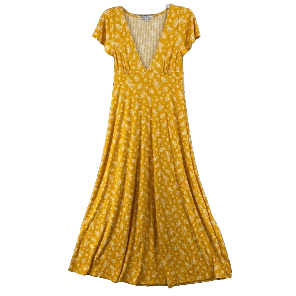 Velvet Torch Dress Womens Sz S Bright Yellow Flower V-Neck Maxi Short Sleeve